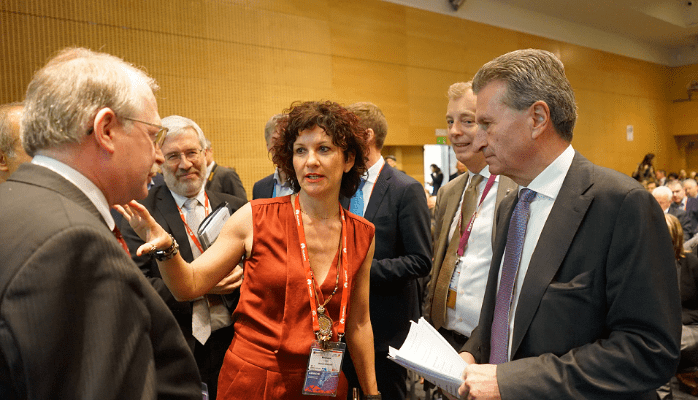 Dr. Monique Calisti with Günther H. Oettinger, EU Commissioner for Digital Economy and Society, and Mario Campolargo Director for Net Futures in DG CONNECT at the Mobile World Congress 2016.